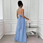 Summer Blue Halter Backless Dress Lace up Waist Slimming Seaside Vacation Gentle Yiskiss