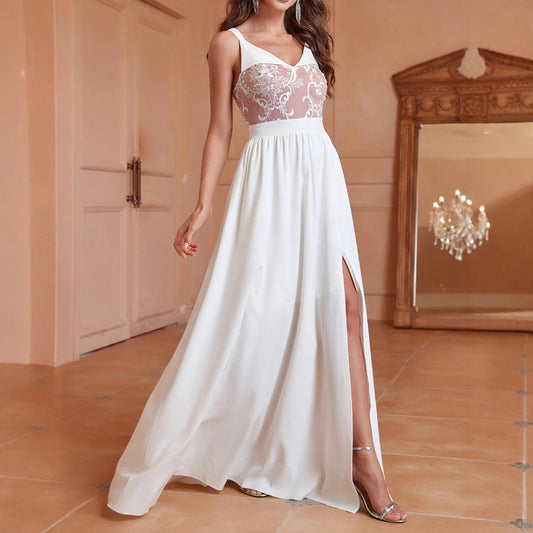 V neck Brace Elegant Slim Long Slit Backless Women Long Prom Dress