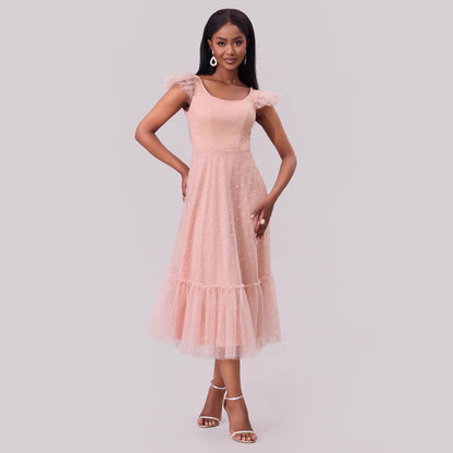 Women Clothing Flying Sleeves Pleating Layered Short Sleeve Large Swing Dress