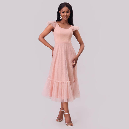 Women Clothing Flying Sleeves Pleating Layered Short Sleeve Large Swing Dress