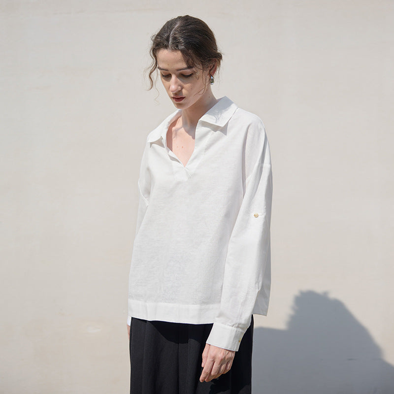 Camisa de manga larga con cuello en V en blanco puro para mujer, camisa holgada de lino para otoño e invierno, top holgado avanzado