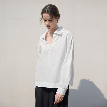 Camisa de manga larga con cuello en V en blanco puro para mujer, camisa holgada de lino para otoño e invierno, top holgado avanzado
