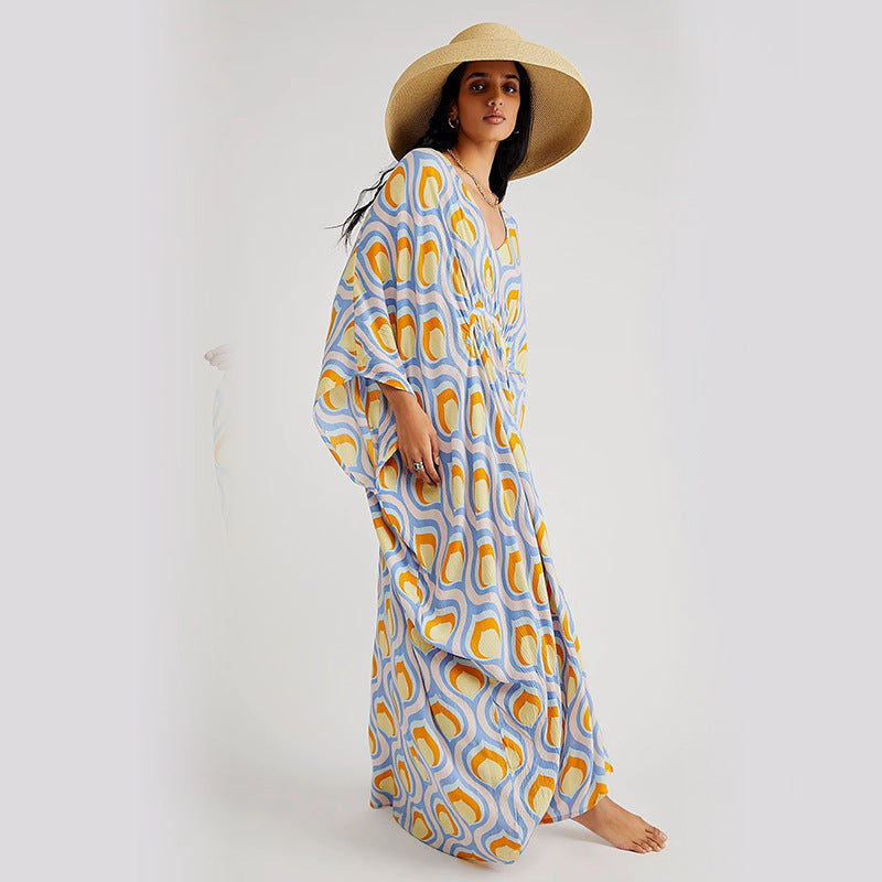 Summer Beach Dress Women Casual Vacation Printed Pullover Bikini Swimsuit Blouse Sun Protection Clothing Mangar