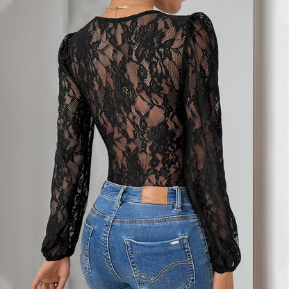 Mono negro sexy con costuras de encaje para mujer de otoño
