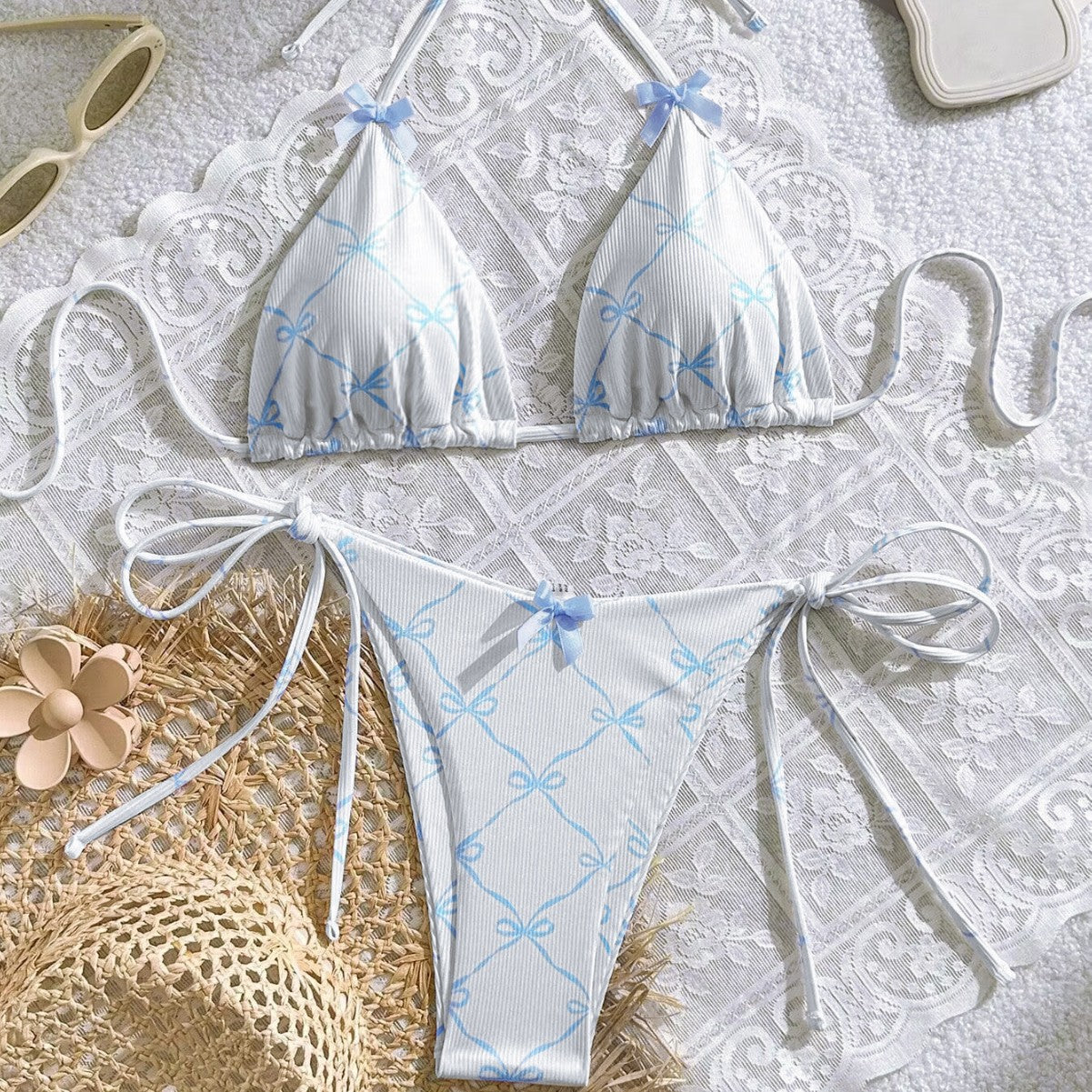 Traje de baño sexy con encaje y cuello halter para mujer, traje de baño con lazo y abertura fresca