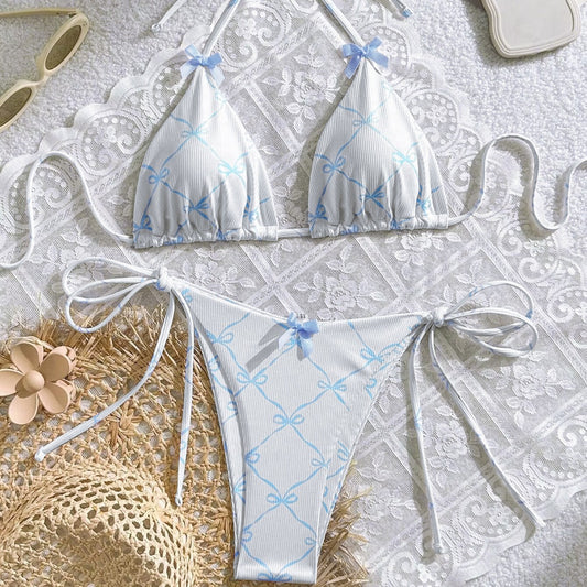 Traje de baño sexy con encaje y cuello halter para mujer, traje de baño con lazo y abertura fresca