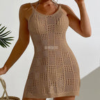 Vacation Women Clothing Short Chic round Neck Plaid Texture Hollow Out Cutout out See through Camisole Sexy Short Dress Crochet hook Tidee