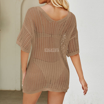 Loose Pullover Hollow Out Cutout out See through Loose Short Sleeve Drop Shoulder Texture Bikini Short Sun Protective Clothing Crochet hook