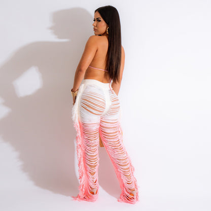 Summer Women Clothing Sexy Gradient Beach Tassel Knitted Trousers Casual Suit
