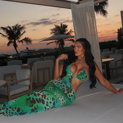 Women Printed Wear Hollow Out Cutout Slim Hip Lace up Backless Casual Elegant Maxi Dress