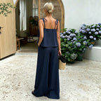 Ruffled Spaghetti Straps Wide Leg Pants Set Women Lace up Waist Controlled Slimming Vacation Two Piece Set Yiskiss