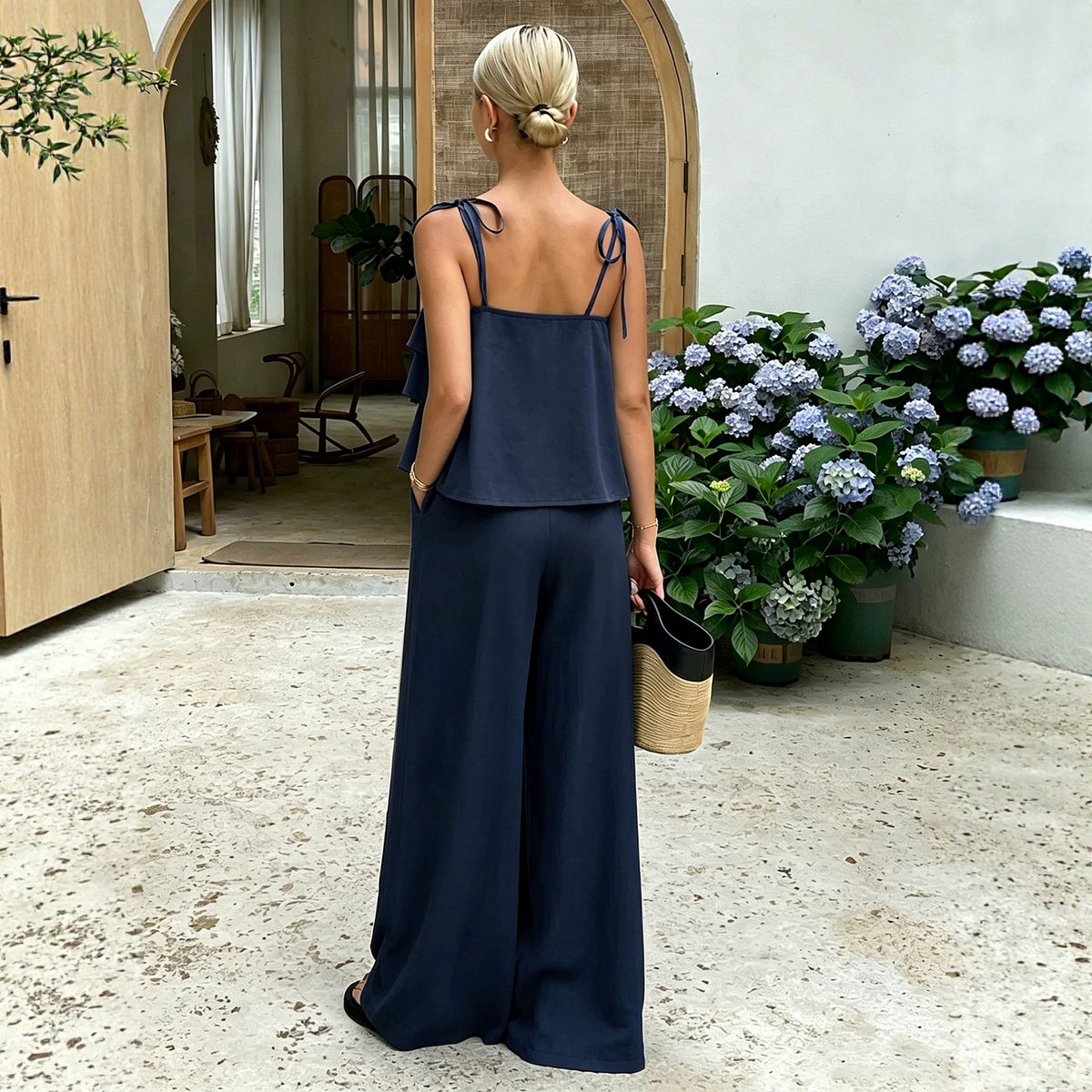 Ruffled Spaghetti Straps Wide Leg Pants Set Women Lace up Waist Controlled Slimming Vacation Two Piece Set Yiskiss