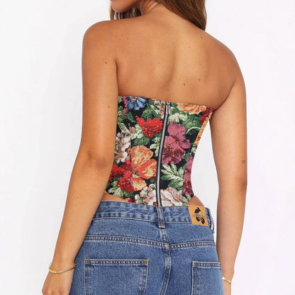 Débardeur bustier sexy à bretelles fines, coupe asymétrique courte, imprimé, corset à baleines.