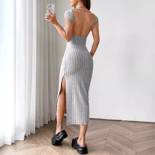Women Clothing Summer round Neck Short Sleeve Backless Sexy Slit Dress