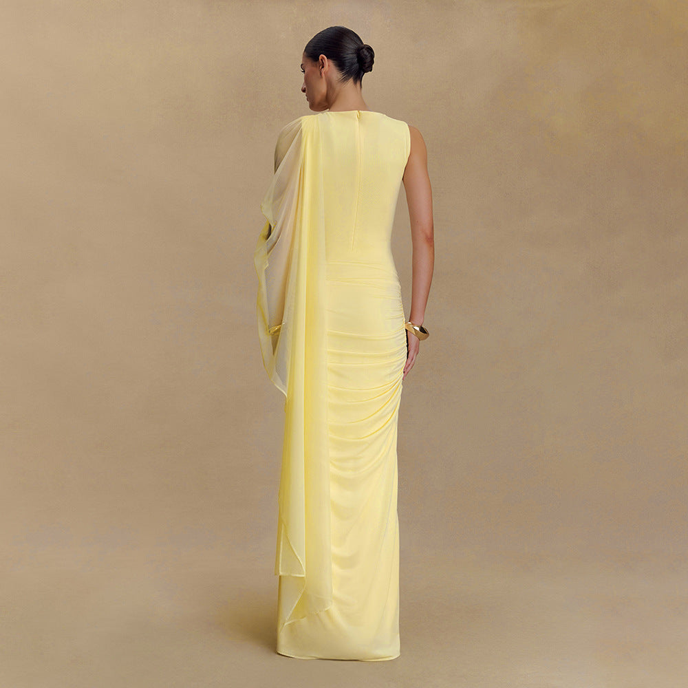 Fashionable Pleated Mesh Shawl Dress Sexy Sheath round Neck Slim Dress