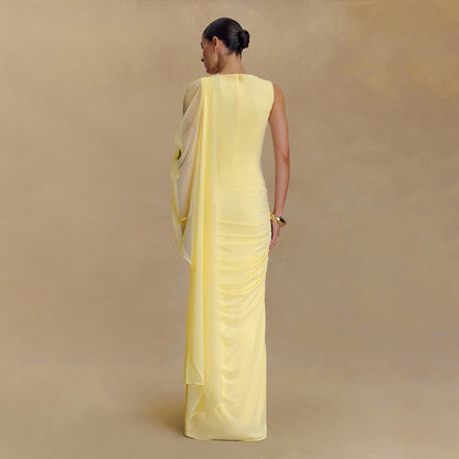 Fashionable Pleated Mesh Shawl Dress Sexy Sheath round Neck Slim Dress