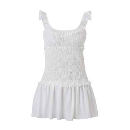 Women Clothing Spring Sexy Elegant Wooden Ear Pleated Strap Pleated Dress Short for Women