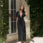 Summer Elegant Black Sexy Backless Deep V Plunge Lace up Slim Fit Short Sleeve French Dress Women FOREVEREIGHTEEN