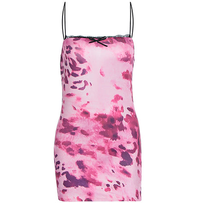 Summer Printed Sexy Sling Backless Waist Trimming Hip Bag Dress