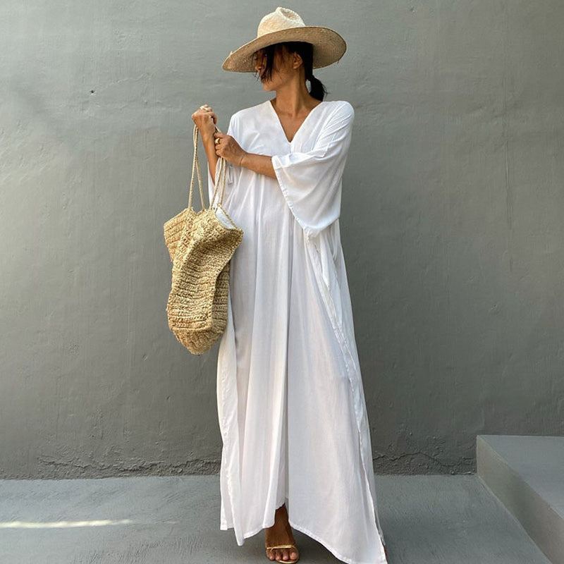 Rayon Solid Color Blouse Seaside Vacation Dress Loose Overclothes Bikini Swimsuit Robe Outer Wear Women EvenStar