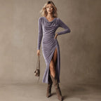 Elegant Velvet Long Sleeve Dress Pile Collar High Slit Tight Dress Venly