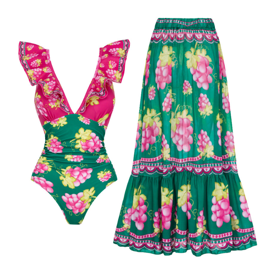 Multicolor Ruffled One-Piece Swimsuit Long Skirt