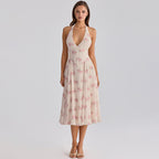 Summer French Elegant Printed V neck Halter Backless Gauzy Stitching Dress LEKINS
