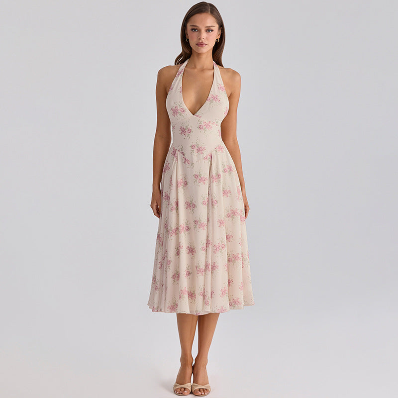Summer French Elegant Printed V neck Halter Backless Gauzy Stitching Dress LEKINS