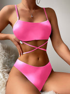 Traje de baño para mujer, bikini sexy de tres piezas con efecto tie-dye y cordones
