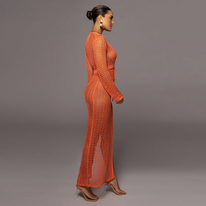 Summer Women Clothing Sexy Cutout Wool Deep V Plunge Neck High Slit Knitted Dress