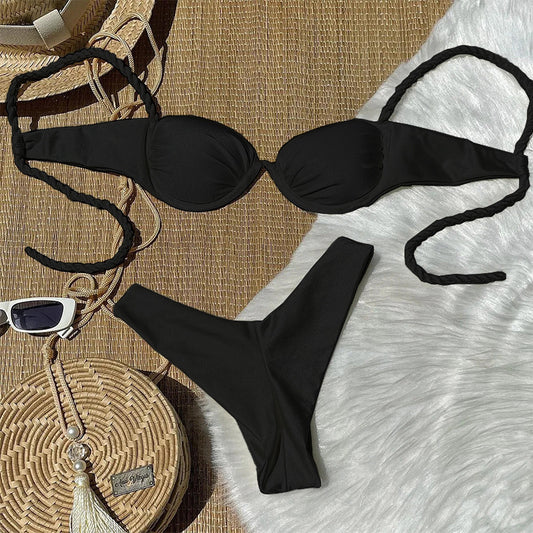 Bikini de pecho pequeño con tirantes de acero y fruncido para mujer