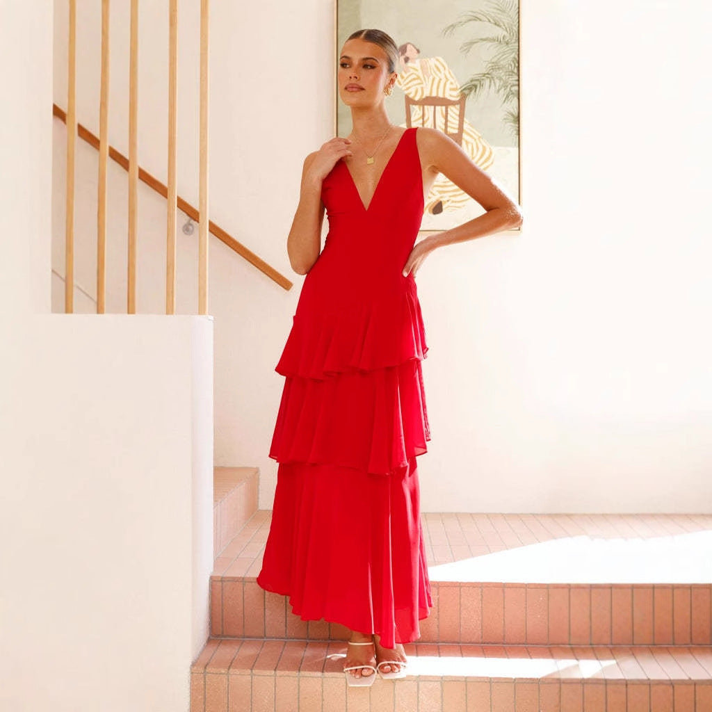 Robe d'été sexy à volants pour enfant, style français, sans manches, col en V