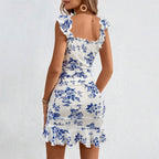 Summer Floral Dress Wide Shoulder Strap Flounced Sleeve Women Ruffled Printed Hip Dress Yiskiss