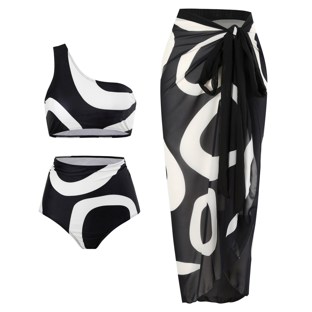 Retro Split Swimsuit Sexy One Shoulder Swimwear Chiffon Beach Skirt Set