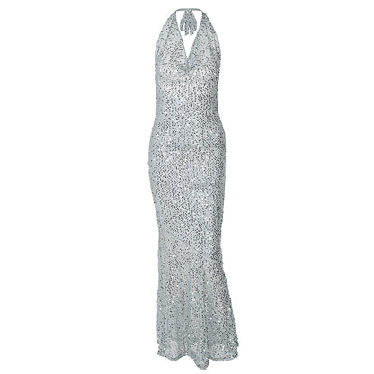 Women Arrival Sexy Sleeveless Deep V Plunge Halter Backless Sequ Dress Women