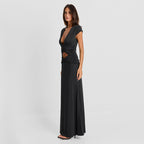 Women Clothing Autumn Solid Color Casual Short Sleeve Hollow Out Cutout Out Deep V Bare Cropped Slim Fit Maxi Dress HONEYBADGER