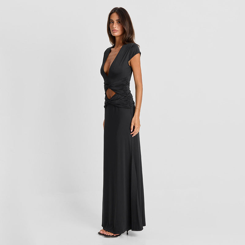 Women Clothing Autumn Solid Color Casual Short Sleeve Hollow Out Cutout Out Deep V Bare Cropped Slim Fit Maxi Dress HONEYBADGER