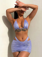 Women Swimsuit Sexy Flash Fabric Three Piece Metallic Coated Fabric Bikini Swimsuit Twingo