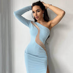 Vestido midi sexy con cuello en diagonal y manga corta para mujer, con costuras de malla y abertura.