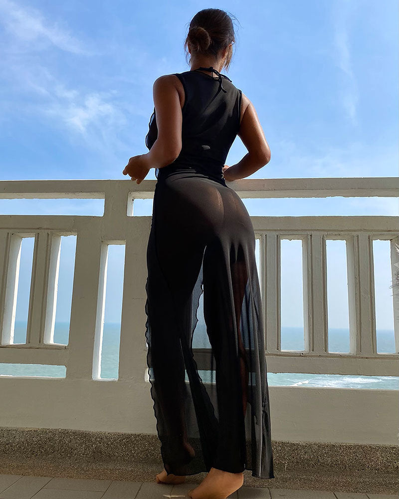 Robe longue de plage, bikini à bretelles, protection solaire, maillot de bain trois pièces en maille pour femmes
