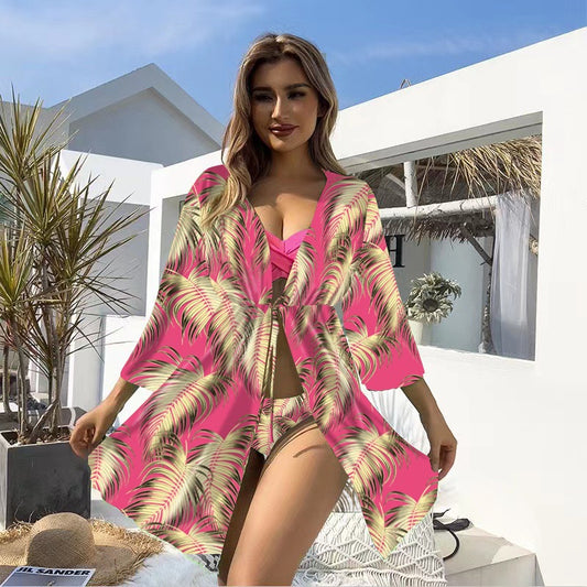 Conjunto de bikini de tres piezas con protección solar, traje de baño de manga larga con estampado multicolor para mujer