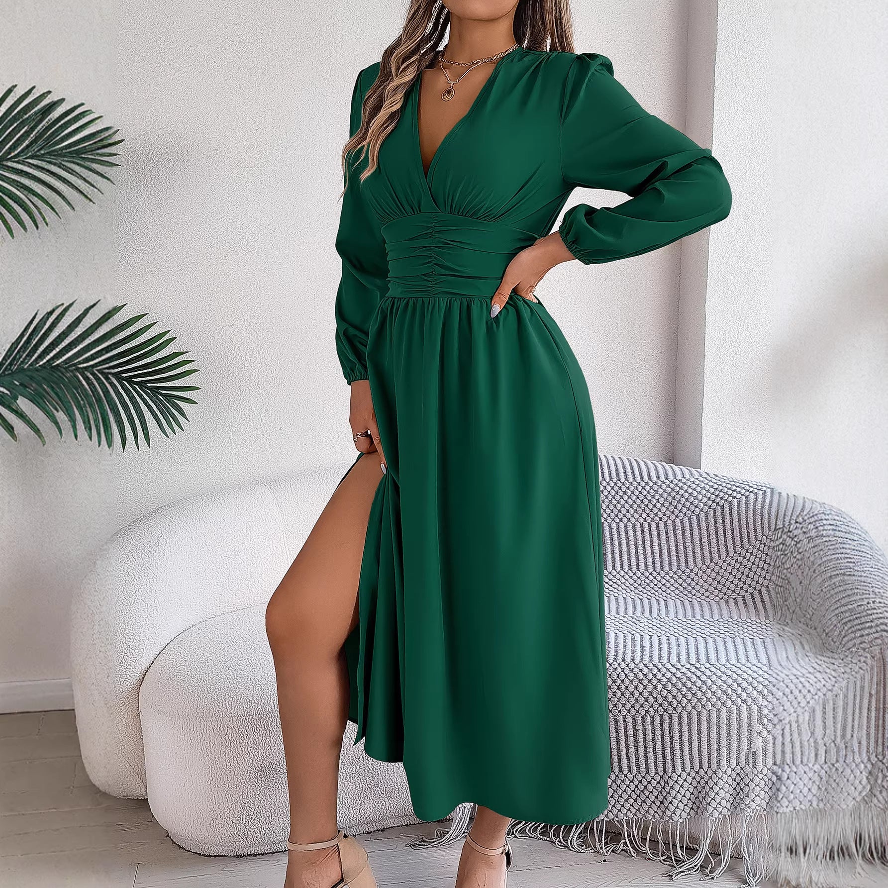 Women Clothing Spring Summer Solid Color V neck Long Sleeve Sexy Slit Dress BAGIISA