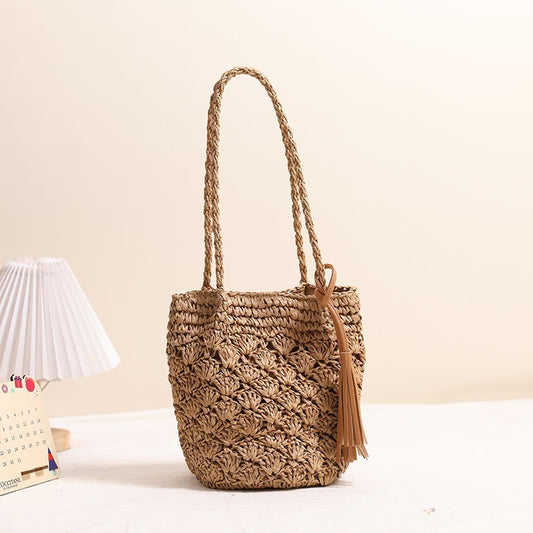 Bolso de paja con borlas para mujer, bandolera tejida con estampado de abanico, bolso de playa para vacaciones 