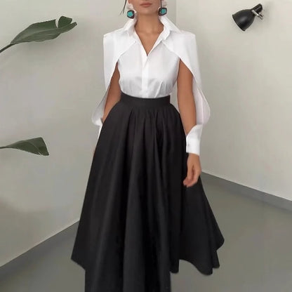 Ladies Collared Long Sleeve Hollow Out Cutout Solid Color Dress Two Piece Sets
