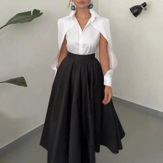 Ladies Collared Long Sleeve Hollow Out Cutout Solid Color Dress Two Piece Sets