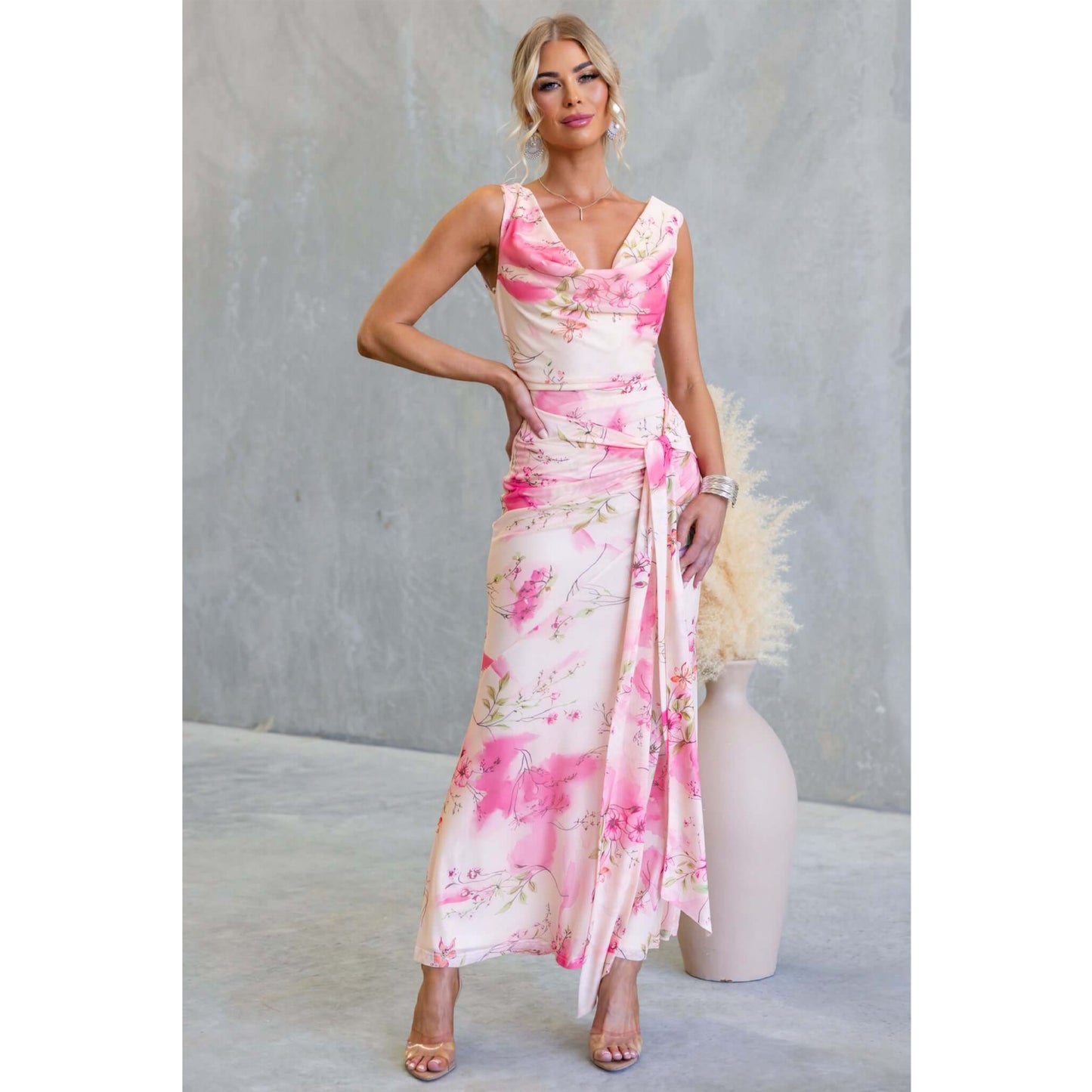 Spring Summer Floral Printed Mesh Slim Fit Backless Sexy Lacing Mid Length Dress XUYUN