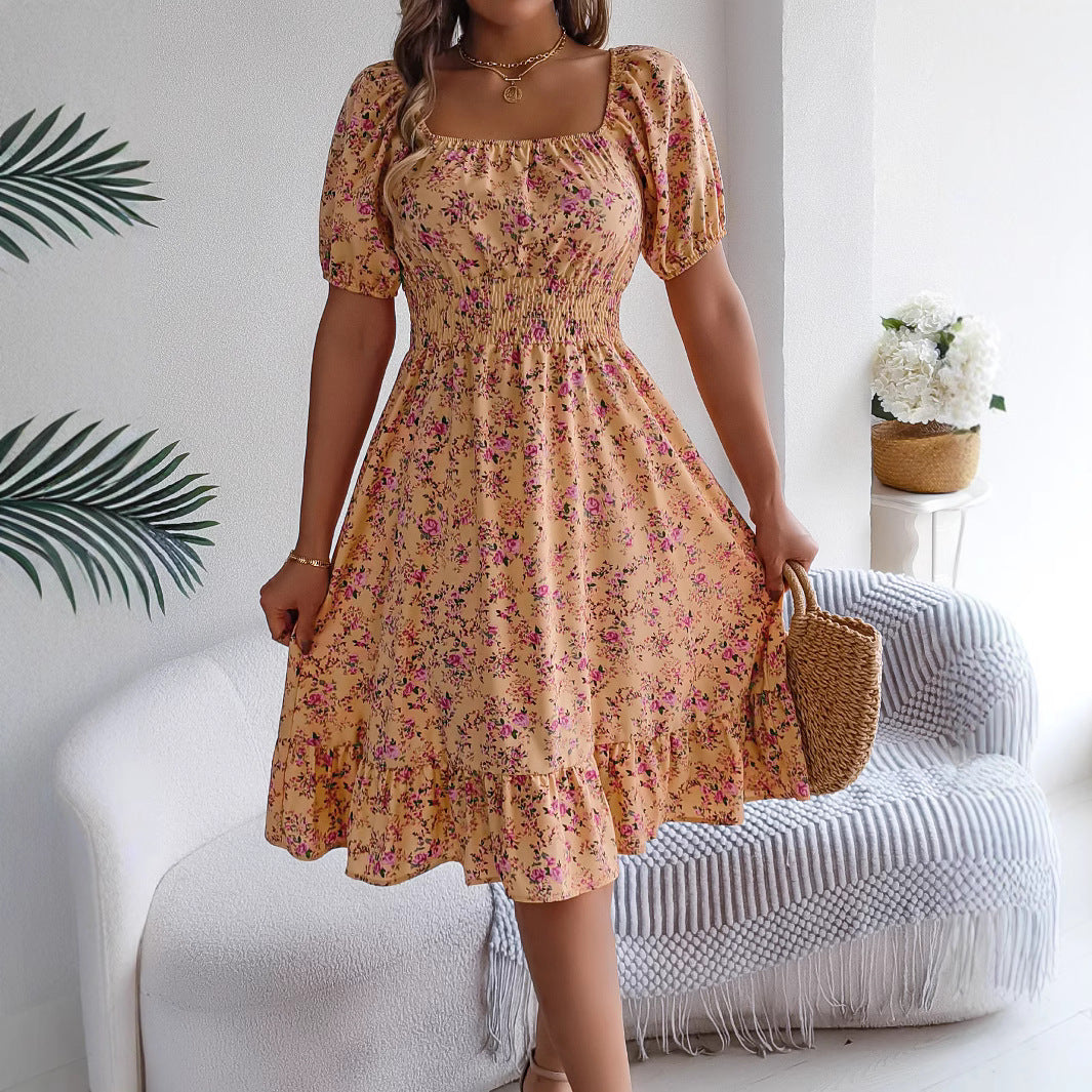 Spring Summer Floral Square Collar Short Sleeve Waist Controlled Ruffled A line Women Clothing BAGIISA