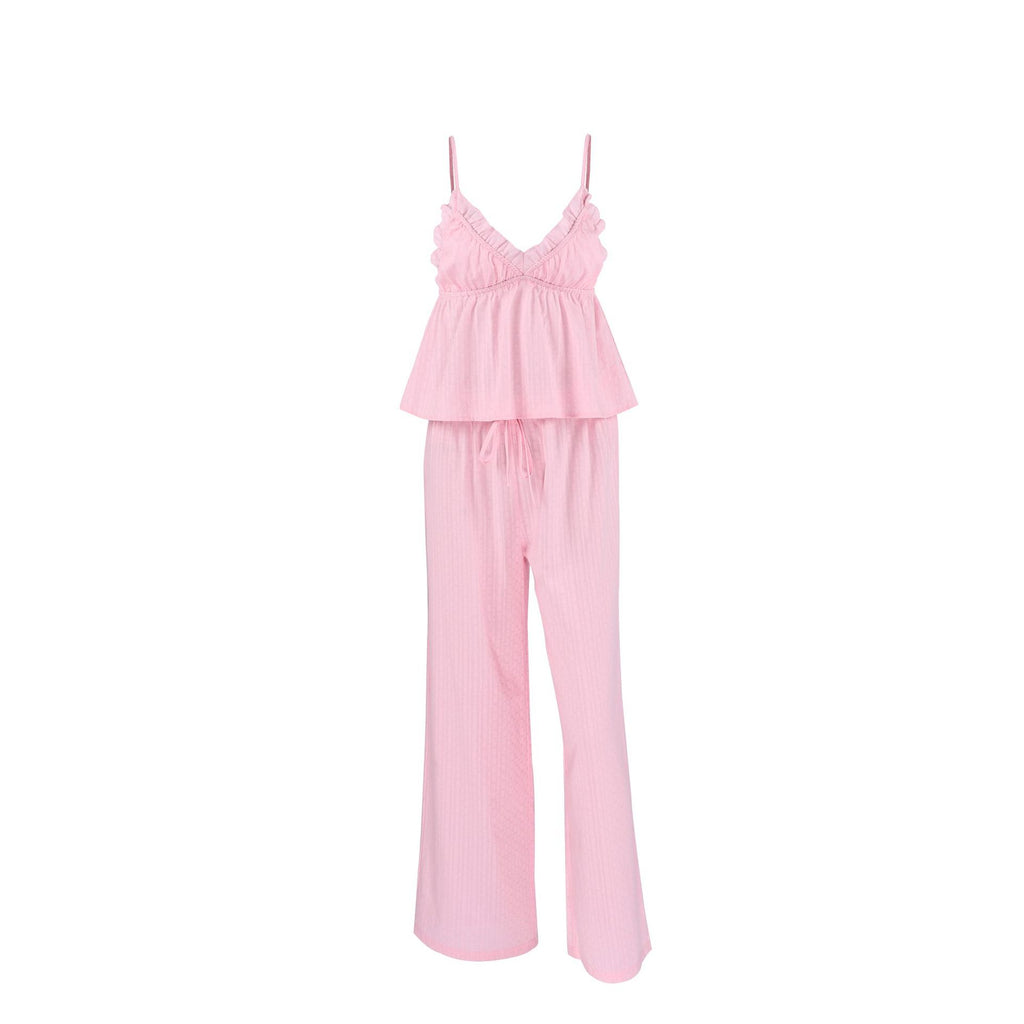 Spring Summer Cotton Pajamas Set Jacquard Suspender Trousers Two Piece Set Exclusive for Ladies Homewear Meiyas