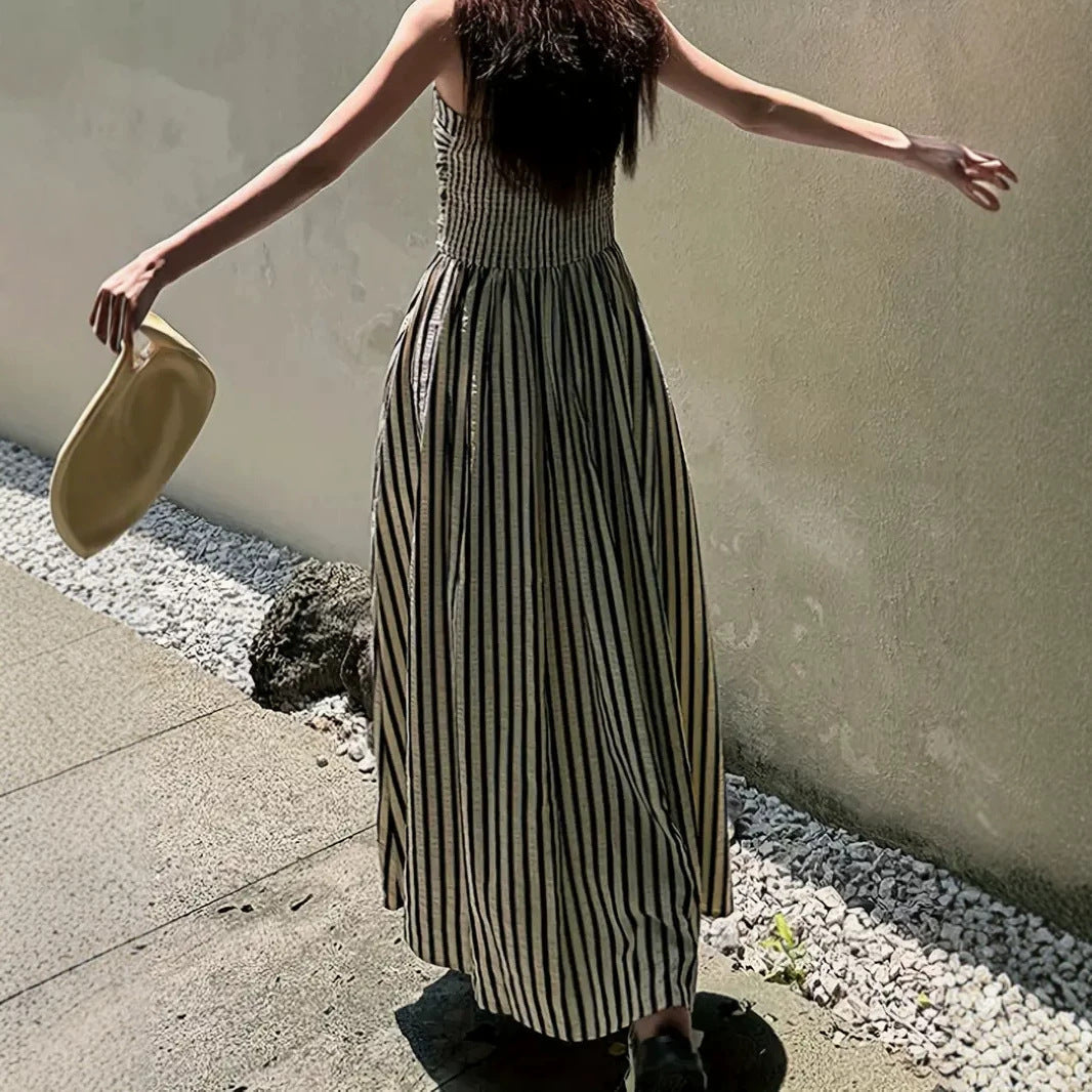 Waist Controlled Slim Fit Slimming Pleated Large Swing Vacation Maxi Dress Korean Black White Striped Tube Top Cami Dress EverBillion