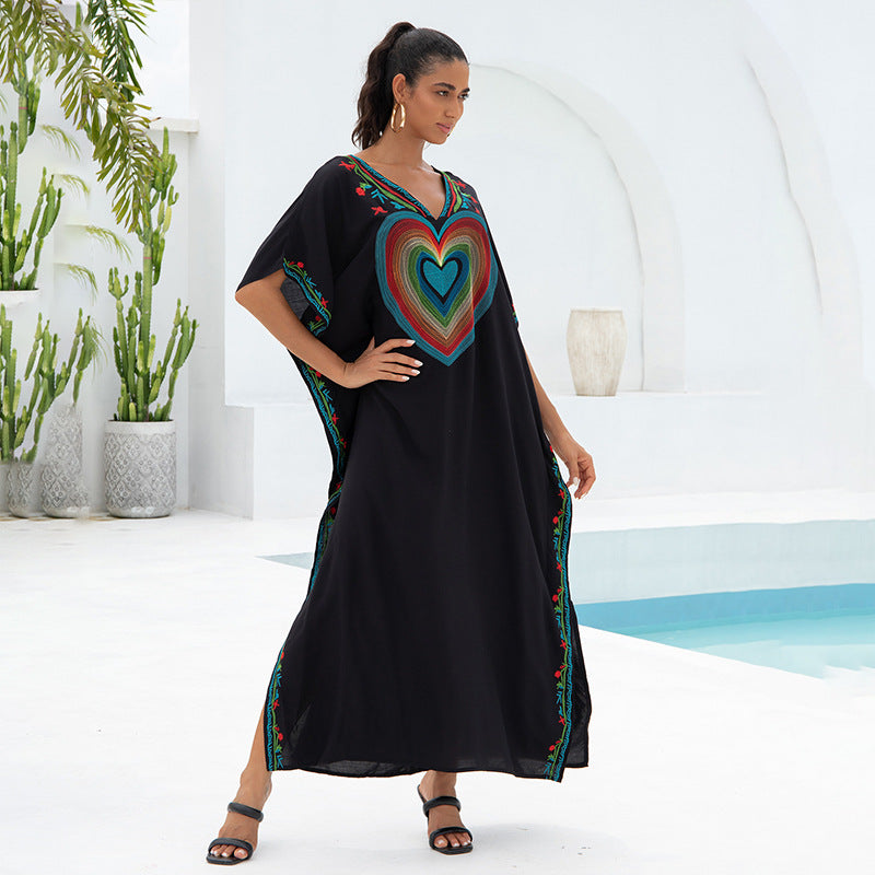 Rayon Embroidered Loose Robe Vacation Beach Dress Women Sun Protective Clothing Beach Cover Up EvenStar